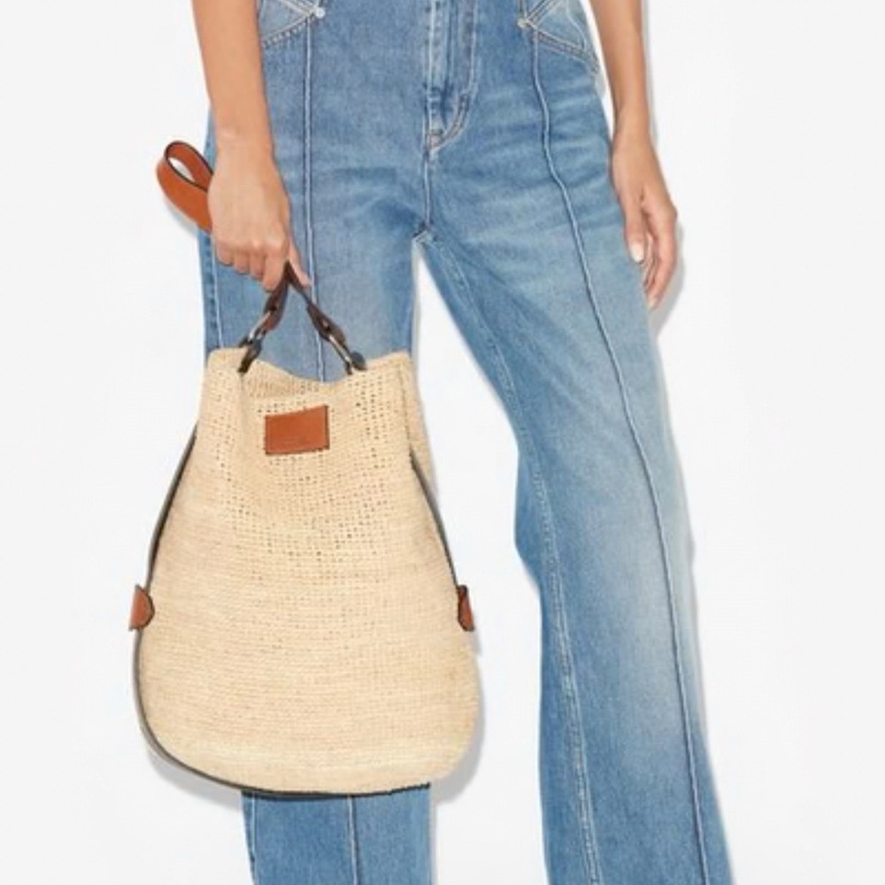 Isabel Marant Bayia Bag Natural Raffia and Midnight Navy Leather NWT - Picture 6 of 13